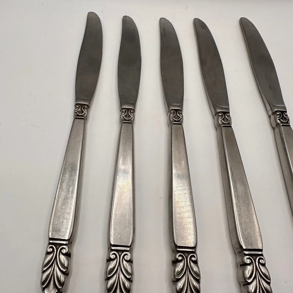 Vintage Nordic Crown Stainless Steel Dinner Knives Set of 5 Scroll Leaf Norse